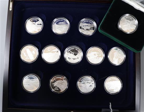 Royal Mint 2003 Solomon Islands History of Powered Flight $25 silver proof 13-coin set, two cases with certificates